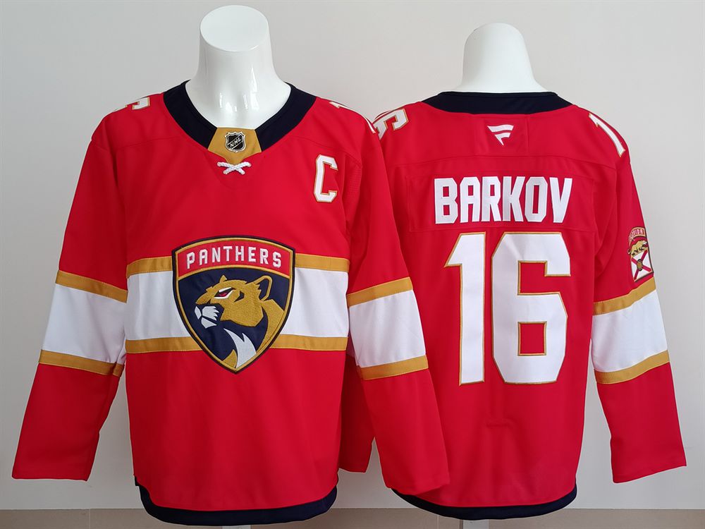 Men 2025 Florida Panthers #16 Barkov Red Fanatics Home Premium NHL Jersey style 1